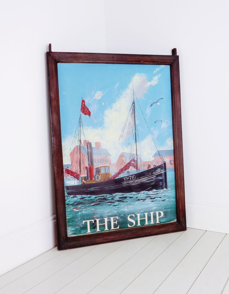 Hand painted double sided pub sign “The Ship” by the artist P.J. Oldreive.