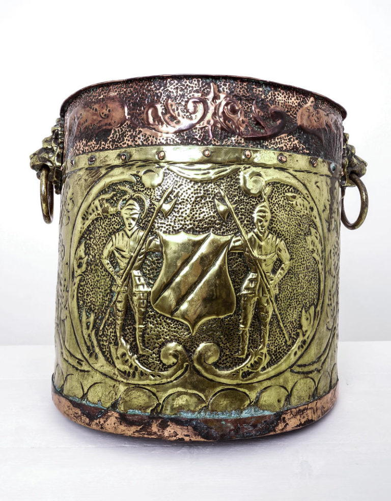 Dutch copper and brass fireside storage bin, circa 1900.