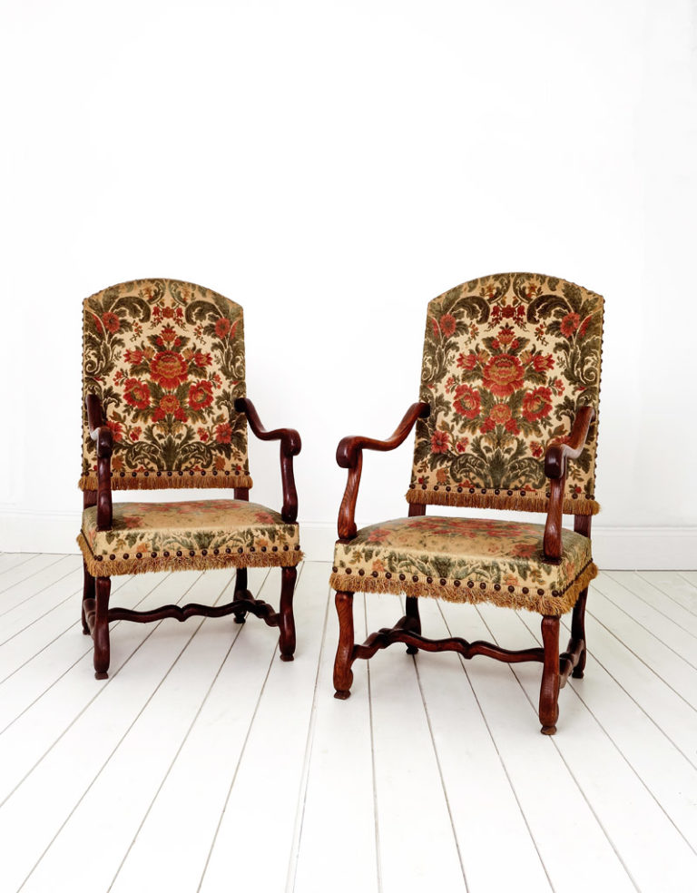 A pair of French oak fauteuil tapestry chairs circa 1890.