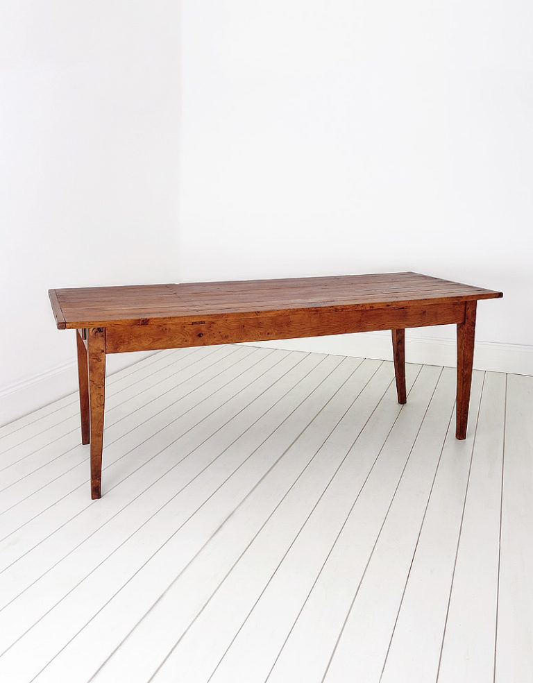 Farmhouse table with elm base and pine plank top with French circa 1890.