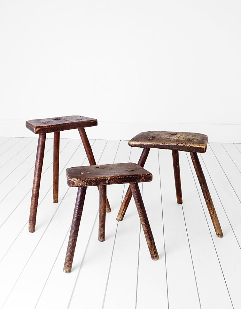 A set of three antique Sheffield cutlers stools. Elm and Ash construction.