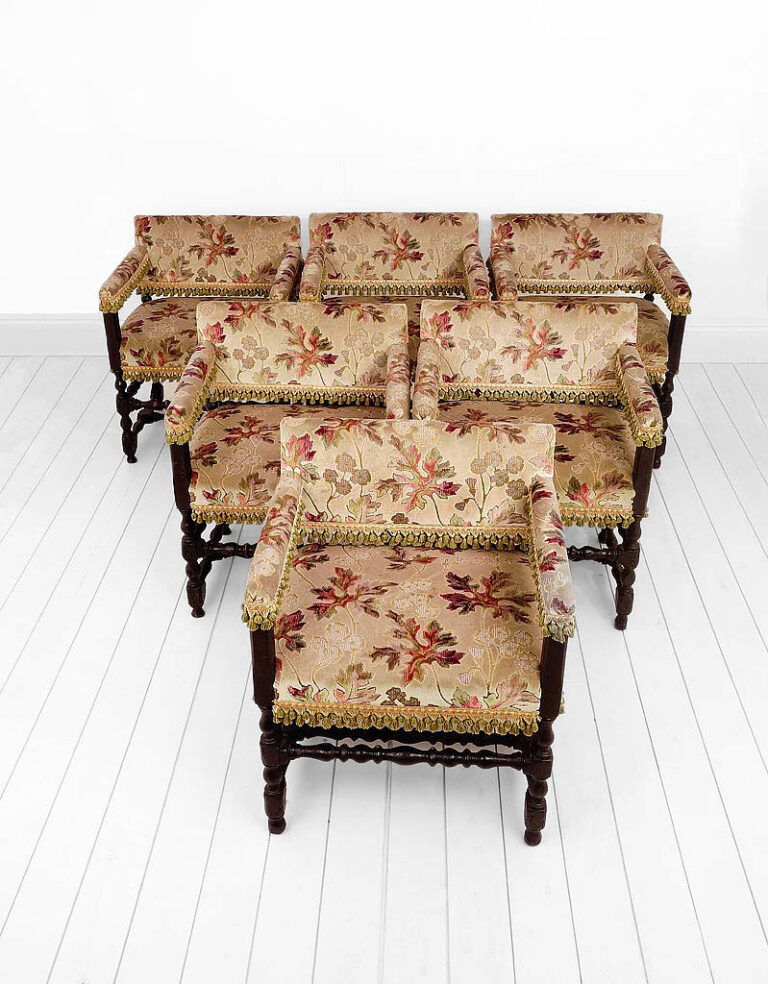 Set of six qualityEdwardian Jacobean revival carver chairs, circa 1910. Edwardian Jacobean revival carver chairs, circa 1910. Beach turned frames and pegged joints. Colorful original floral upholstery with vibrant tassels. Both sturdy and comfortable. Circa 1910 Height 84cm (33.07 inches) Width 65cm (25.59 inches) Depth 55cm (21.65 inches)