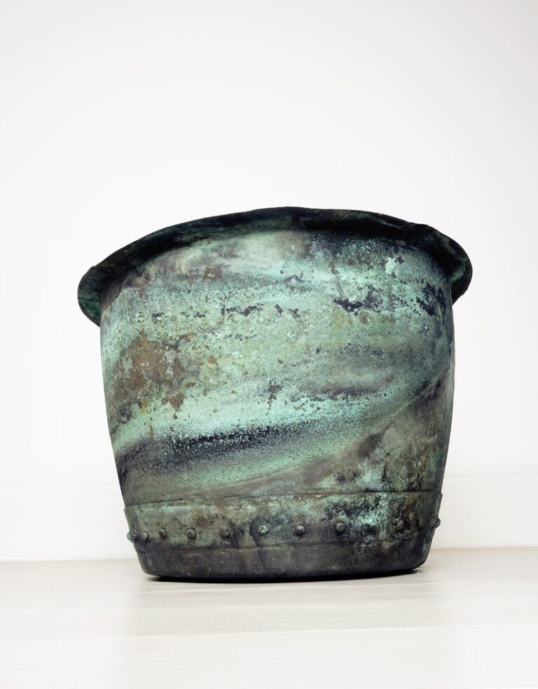 Antique naturally verdigris copper rivetted pot with a wonderful patination. English mid 19th century