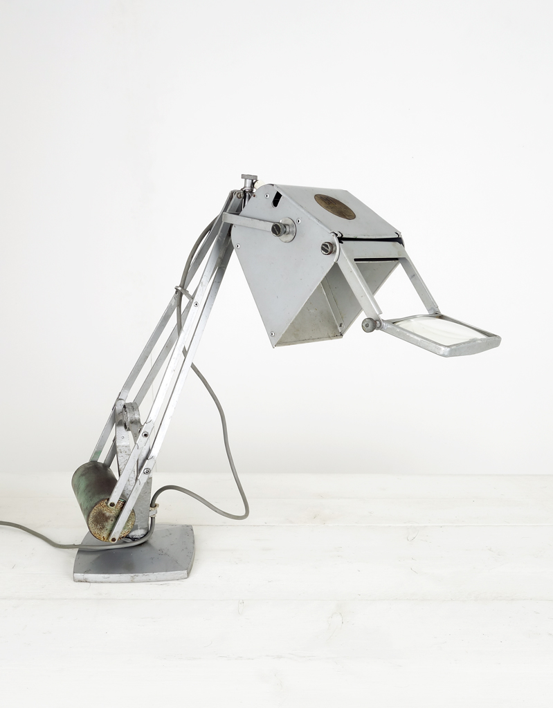 Hadrill Horstmann Pluslite magnifying lamp in original grey paint. Circa 1940s.