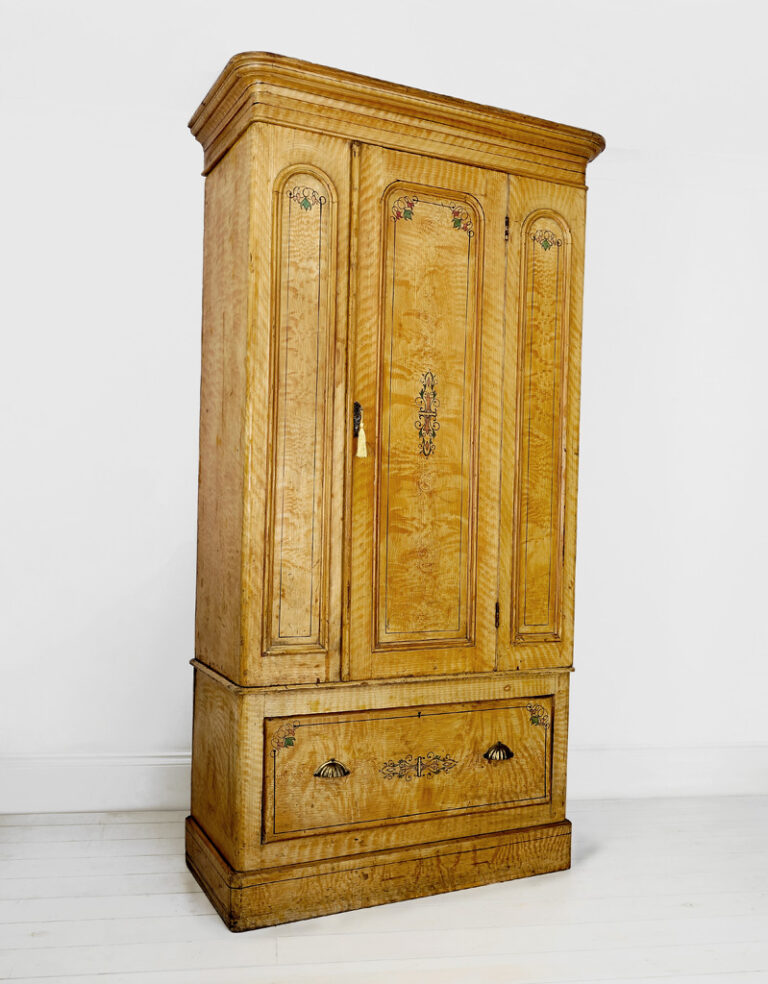 Victorian pine wardrobe in original faux painted Birdseye Maple, circa 1880.